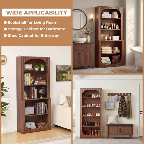 71" Tall Arched Bookcase, 5 Tier Fluted Wood Arched Bookshelf, view 5