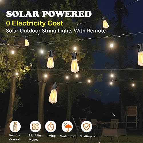 60FT Solar String Lights Outdoor Weatherproof with Remote, Solar Powered LED Edison Bulb 15 Sockets Outdoor String Lights for Outside Patio Backyard Fence Halloween Christmas Decorations