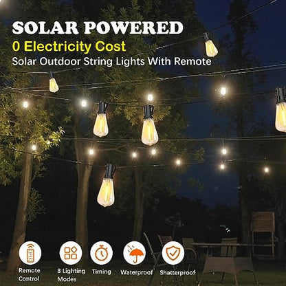 60FT Solar String Lights Outdoor Weatherproof with Remote, Solar Powered LED Edison Bulb 15 Sockets Outdoor String Lights for Outside Patio Backyard Fence Halloween Christmas Decorations