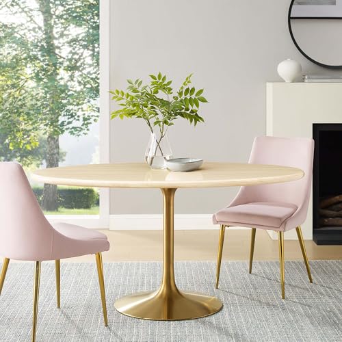 Lippa 60Inch Oval Dining Table Faux Travertine Stone Gold Finish Modern Kitchen Room Entertaining Home Furniture Quality Stylish Elegant Durable Refined Versatile