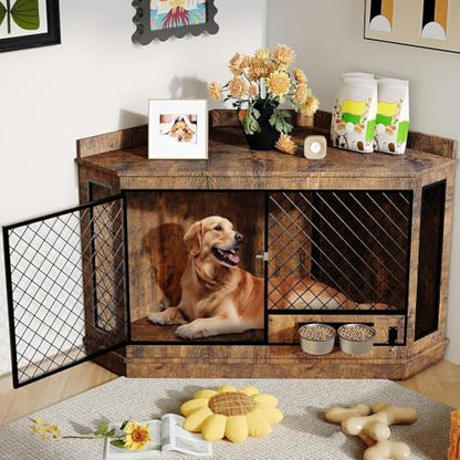 51.3 inch Corner Dog Crate Furniture, Wooden Dog Kennel Furniture with Mesh, view 2