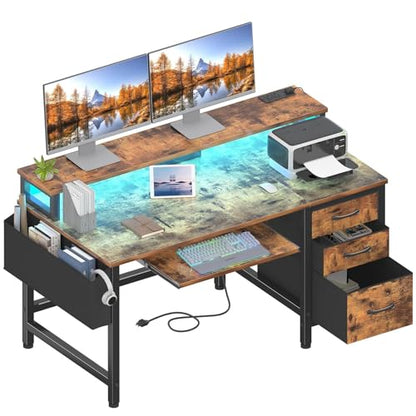 Gaming Desk with LED Lights and Power Outlets, 47 Inch Home Office Desks with Keyboard Tray, Computer Desk with File Drawers Cabinet, Writing Table PC Desks with Monitor Stand, Rustic Brown