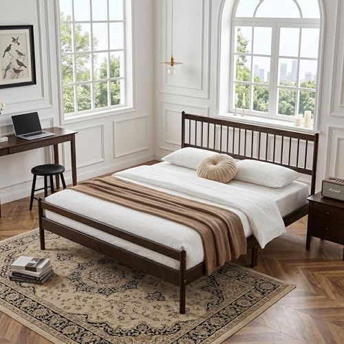 JIVOIT King Size Platform Bed with Headboard and Footboard, Traditional Style Pinewood Bed with Strengthened Bed Frame, Under-Bed Storage Space, No Box Spring Needed