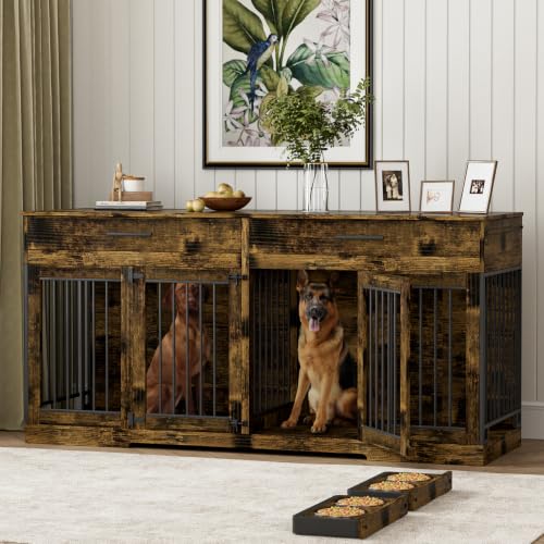 72" Double Dog Crate Furniture with Drawers and Divider, Brown, view 2