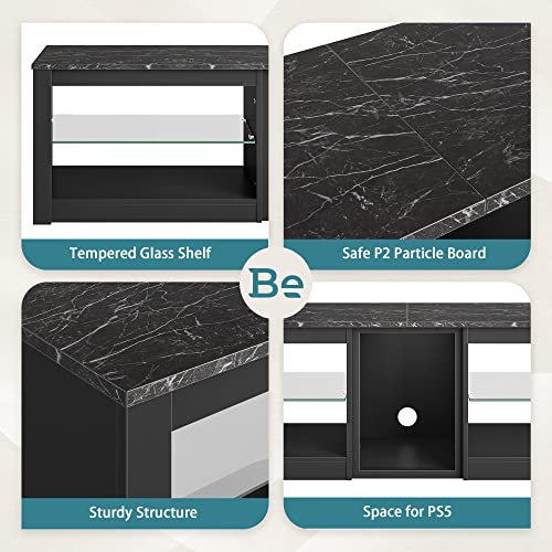 TV Stand for 70 inch TV, Gaming Entertainment Center for PS5, LED TV Cabinet with Glass Shelves for Living Room, 63'' Inch, Marble Black