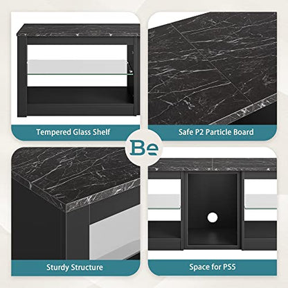 TV Stand for 70 inch TV, Gaming Entertainment Center for PS5, LED TV Cabinet with Glass Shelves for Living Room, 63'' Inch, Marble Black