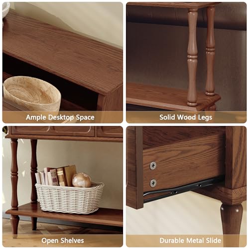 Console Table with Drawers for Entryway, Mid-Century Entryway Table with Storage, Brown Narrow Entryway Table with Open Shelf Behind Sofa for Living Room, Foyer, Hallway
