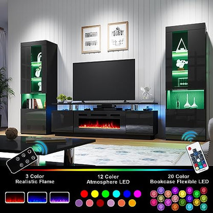 70" Fireplace Entertainment Center with Bookcases Set of 3, Black, view 7