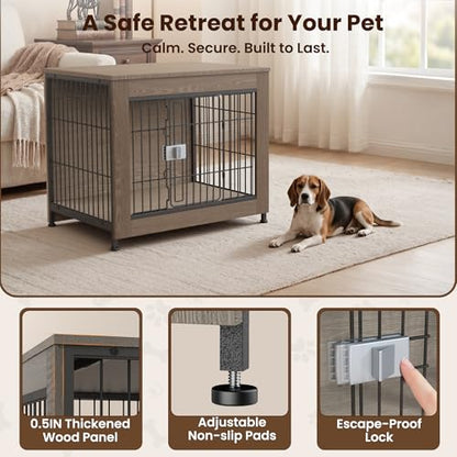 Wooden Dog Crate Furniture 27" for Small to Medium Dogs, Greige, view 5