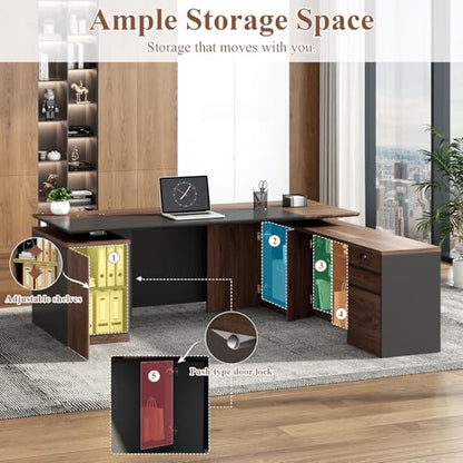 79" L Shaped Executive Desk with File Cabinet Drawers Outlet USB, view 7
