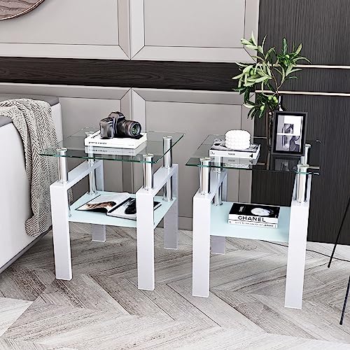 White two-tier glass top square side table with metal legs, view 2