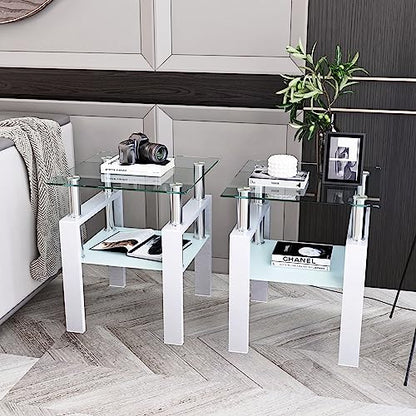 White two-tier glass top square side table with metal legs, view 2