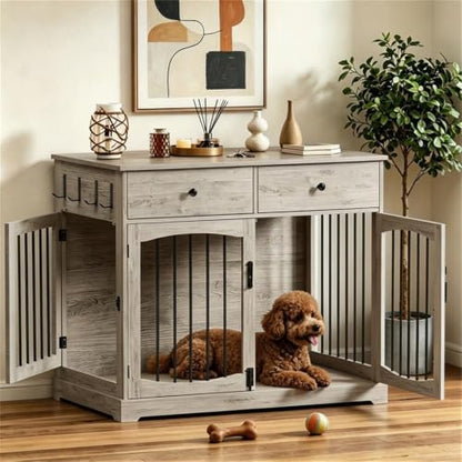 40" Gray Dog Crate End Table, Engineered Wood, 2 Drawers, Reinforced Steel, view 2