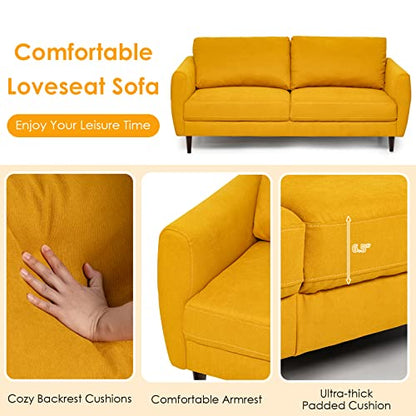 Loveseat Sofa, Upholstered Mid-Century Modern 2 Seat Sofa Couch with Solid Wood Frame for Living Room, Small Spaces, Bedroom, Apartment, Reception Room, Yellow