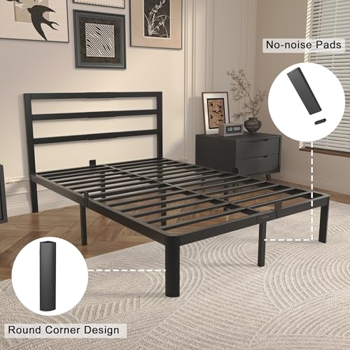 14 Inch Full Bed Frame with Headboard, Black Metal Double Bed Base, view 7
