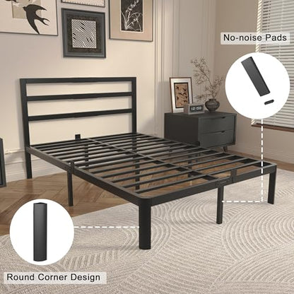 14 Inch Full Bed Frame with Headboard, Black Metal Double Bed Base, view 7