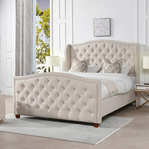 Jennifer Taylor Home Marcella Upholstered Shelter Headboard Bed Set, Queen, Sky Neutral Beige Polyester
