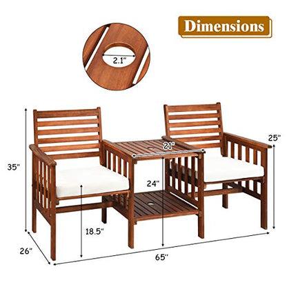 Acacia Wood Loveseat, 3pcs Outdoor Table Chairs Set, Patio Conversation Set w/Coffee Table and Soft Cushions, 2.1-inch Umbrella Hole, 2-Seater Furniture Set (White)