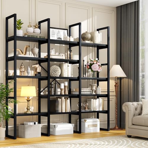 Large Bookshelf 5 Tiers, Triple Wide Geometric Bookcase, 71 Inches Tall Industrial Book Shelves Etagere Book Case, Sturdy Metal Frame, Freestanding Display Shelving Unit (Black)