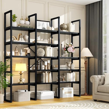 Large Bookshelf 5 Tiers, Triple Wide Geometric Bookcase, 71 Inches Tall Industrial Book Shelves Etagere Book Case, Sturdy Metal Frame, Freestanding Display Shelving Unit (Black)