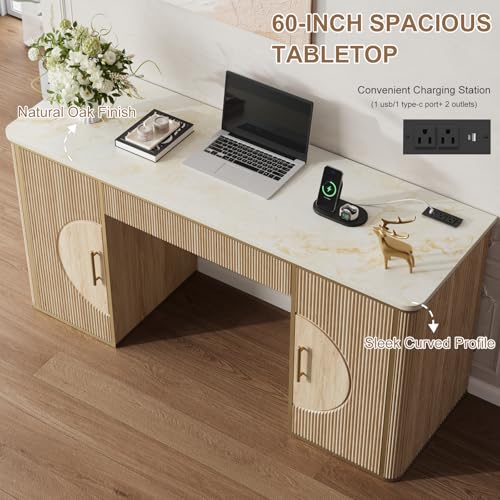 60" Fluted Writing Desk, Wooden Long Home Office Computer Desk with Drawer & Storage Cabinet, Modern Writing Table with Charging Station, High Executive Desk, Bedroom, Nature Oak, Set of 2