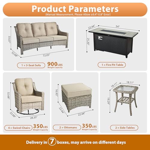 10 PCS Outdoor Patio Furniture Sets, Patio Conversation Sets Outside Rattan Soft Cushion Sofa with 4 Wicker Rocking Chairs & 54 in Fire Pit Table Fit Backyard Porch Garden Poolside Balcony,Beige