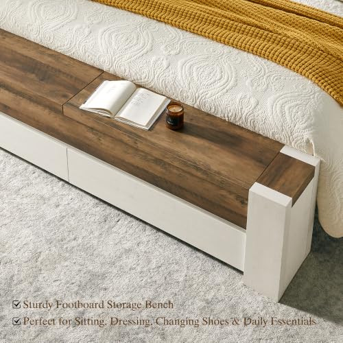 King Bed Frame with Headboard and Footboard Storage Bench,Antique White, view 7