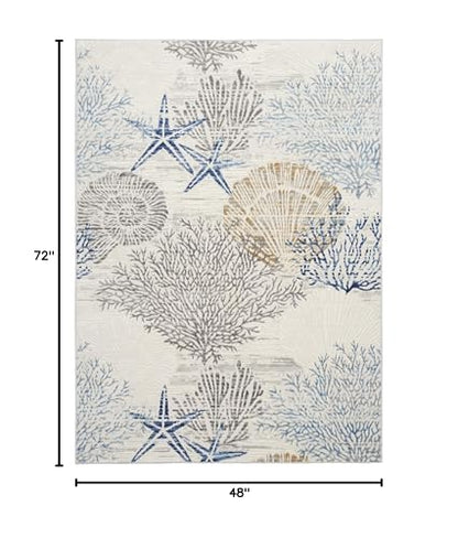 Home Pompeii Ivory Grey Blue 4' x 6' Area Rug - Easy Clean, Non Shedding, Bed Room, Living Room, Dining Room, Kitchen (4' x 6')