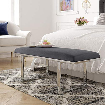 Remi Velvet Bedside Bench, Upholstered Ottoman, Entryway Accent Furniture, Easy Assembly, Dark Grey