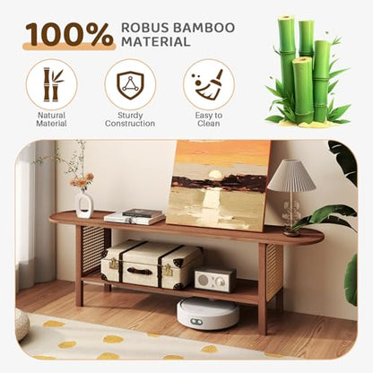 Bamboo TV Stand with Storage for TVs up to 65", Modern Entertainment Center with Rattan Side, Accent TV Table with 2 Shelf, Media Console TV Stand for Living Room, Bedroom, Walnut