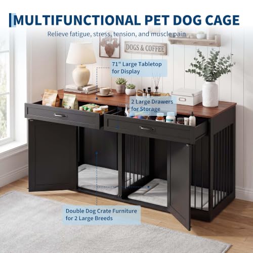 71'' Double Dog Crate Furniture for 2 Dogs, Dog Crate with 2 Drawer, view 5