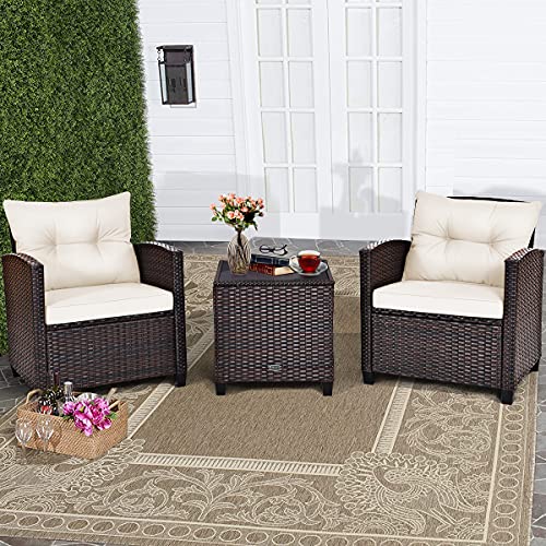3 Pieces Patio Conversation Set, Outdoor Furniture Set PE Rattan Sofa Set with Removable Cushions, PE Wicker Chairs with Tempered Glass Side Table for Porch Lawn Garden Balcony Backyard