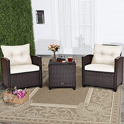 3 Pieces Patio Conversation Set, Outdoor Furniture Set PE Rattan Sofa Set with Removable Cushions, PE Wicker Chairs with Tempered Glass Side Table for Porch Lawn Garden Balcony Backyard
