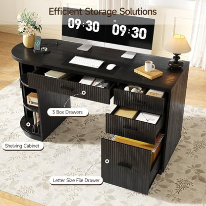 58 Inch Fluted Executive Desk, Computer Desk with Storage Drawers & File Drawer, Modern Home Office Desk with Charging Station for Working, Studying, Writing, Black