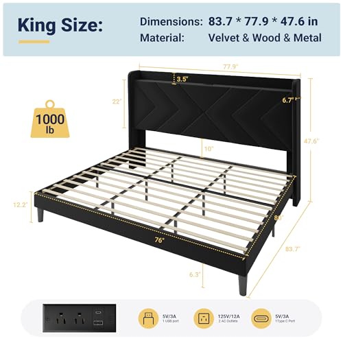 King Size Velvet Bed Frame with Charging and Shelf, Black, view 4