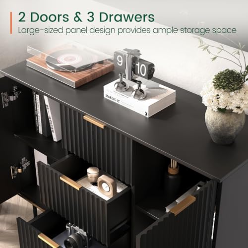 Fluted Sideboard Buffet Cabinet with Storage, 47.2" Modern Coffee Bar Station with Adjustable Shelves and Doors, Wood Accent Cupboard for Dining Room, Entryway, Living Room, Black