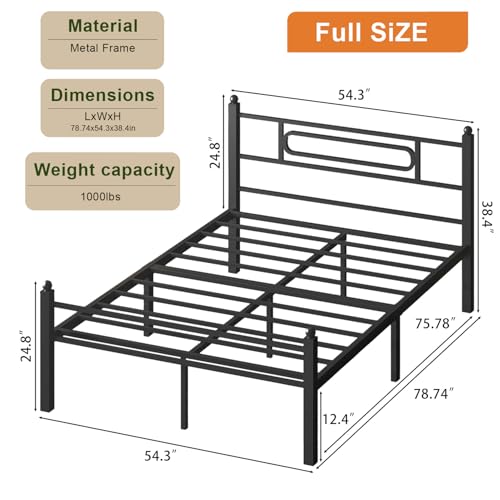 Black Metal Full Size Bed Frames with Headboard, Heavy-Duty Metal Slats Support, view 3