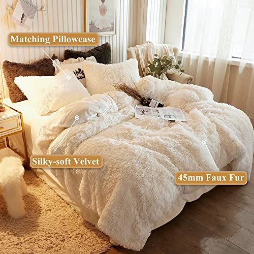 Plush Shaggy Duvet Cover Set, Luxury Ultra Soft Crystal Velvet Fluffy Bedding Sets 3 Pieces(1 Furry Faux Fur Comforter Cover + 2 Fuzzy Faux Fur Pillowcases), Zipper Closure(Queen, Light Beige)