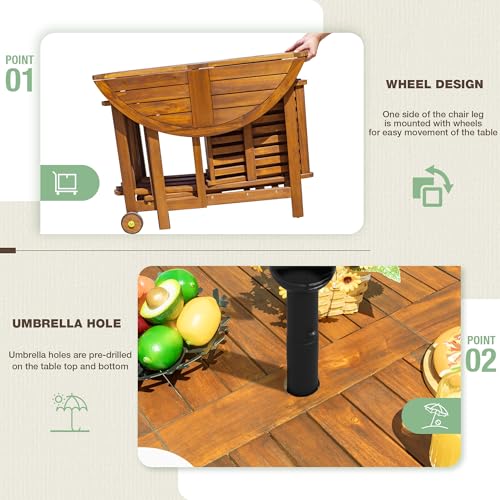 5 PCS Patio Furniture, Patio Dining Set Acacia Wood Outdoor Table and Chairs, with 4 Folding Chairs and 37" Round Movable Table, Outdoor Dining Set for Lawn, Balcony, Garden (Light Brown)