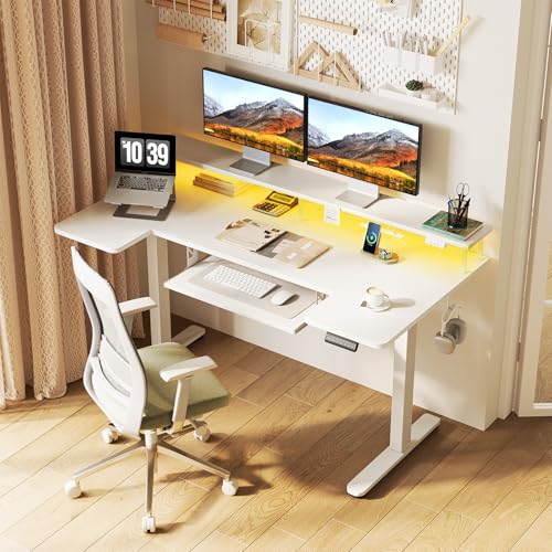 55 Inch U Shaped Electric Standing Desk with Keyboard Tray, White, view 3