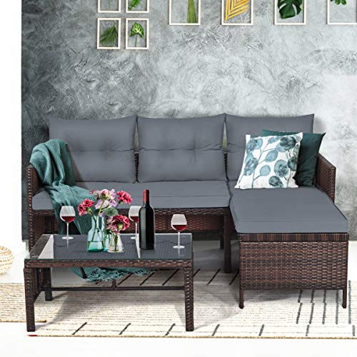 Patio Corner Sofa Set 3 Piece, Outdoor Rattan Sofa Set, Includes Lounge Chaise, Loveseat & Coffee Table, Patio Garden Poolside Lawn Backyard Furniture