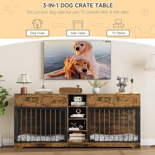 82" Double Dog Crate Furniture with Drawers and Shelves, Brown, view 5