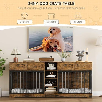 82" Double Dog Crate Furniture with Drawers and Shelves, Brown, view 5
