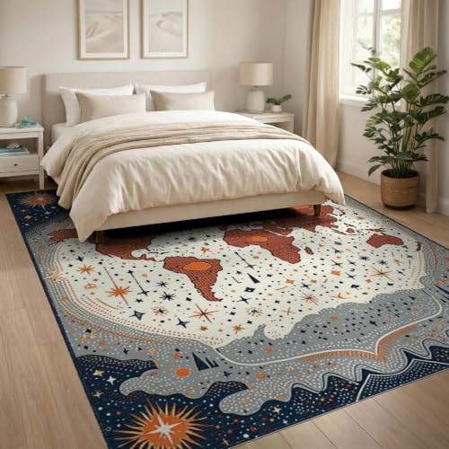 8'x10' Washable Area Rug Earth World Map Boho Design with Astronomy Planet Continents and Star Accents Foldable Easy Care for King Size Bedroom, Master Suite, Under Bed