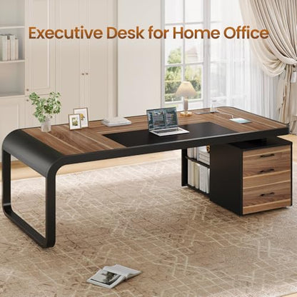 70.9" Executive Desk, Large Computer Desk with Drawers and Lateral File Cabinet, Office Desk with Removable Shelves, Business Furniture Desk Workstation for Home Office, Walnut