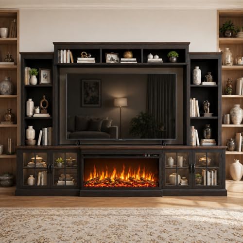 Black Farmhouse TV Stand with Fireplace, Entertainment Center, view 4