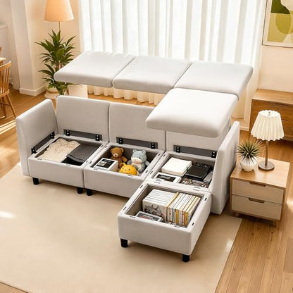 Modular Sectional Sofa, 3-Seater Modular Sofa with Hidden Storage, Customizable Cloud Sectional Couch with Ottoman, Solid Wood Frame Upholstered Couch for Living Room, Bedroom, Beige