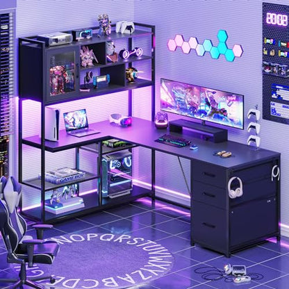 L Shaped Computer Desk, 58'' Office Desk with 3 Drawers and Bookshelf, L Shaped Corner Desk with Storage Shelves and LED Light for Home Office, Gaming Desk, L Desk, Black