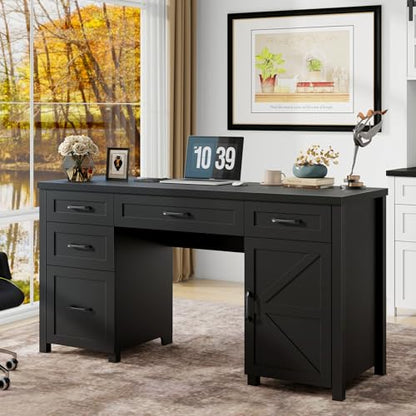 Farmhouse 61'' Rustic Office Desk with 5 Drawers.Pure Black, view 2