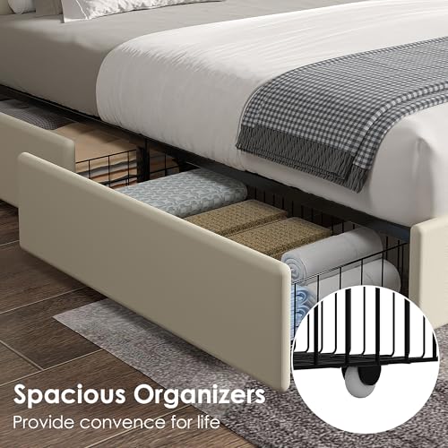 Queen Size Upholstered Bed Frame with 4 Storage Drawers, view 7